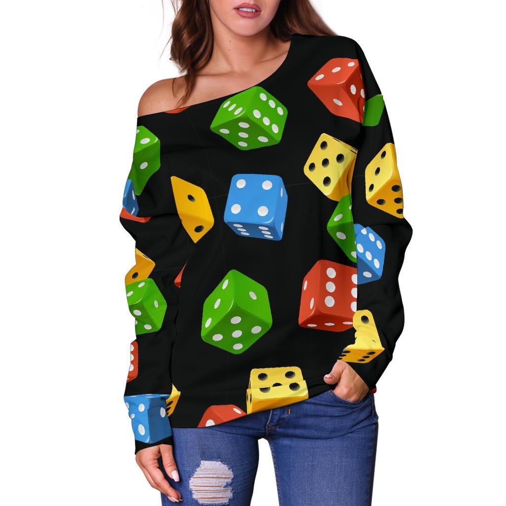 Dice Colorful Pattern Print Women Off Shoulder Sweatshirt-grizzshop