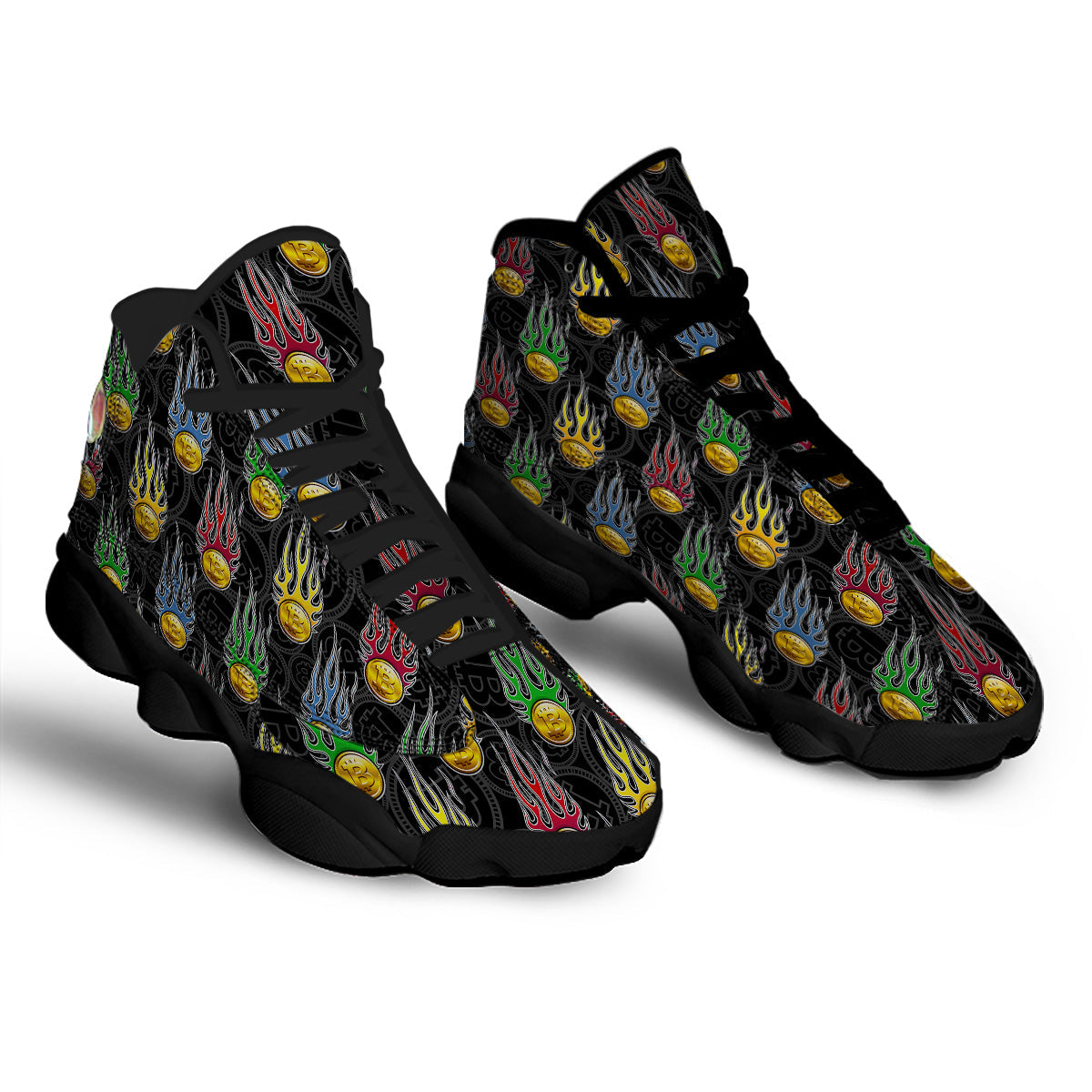 Digital Bitcoin On Fire Print Pattern Black Basketball Shoes-grizzshop