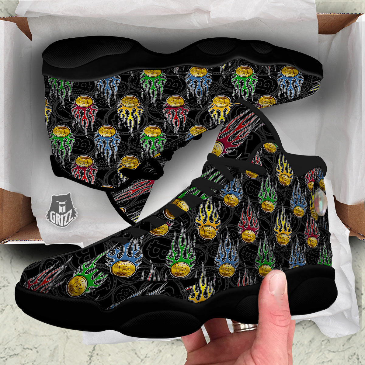 Digital Bitcoin On Fire Print Pattern Black Basketball Shoes-grizzshop