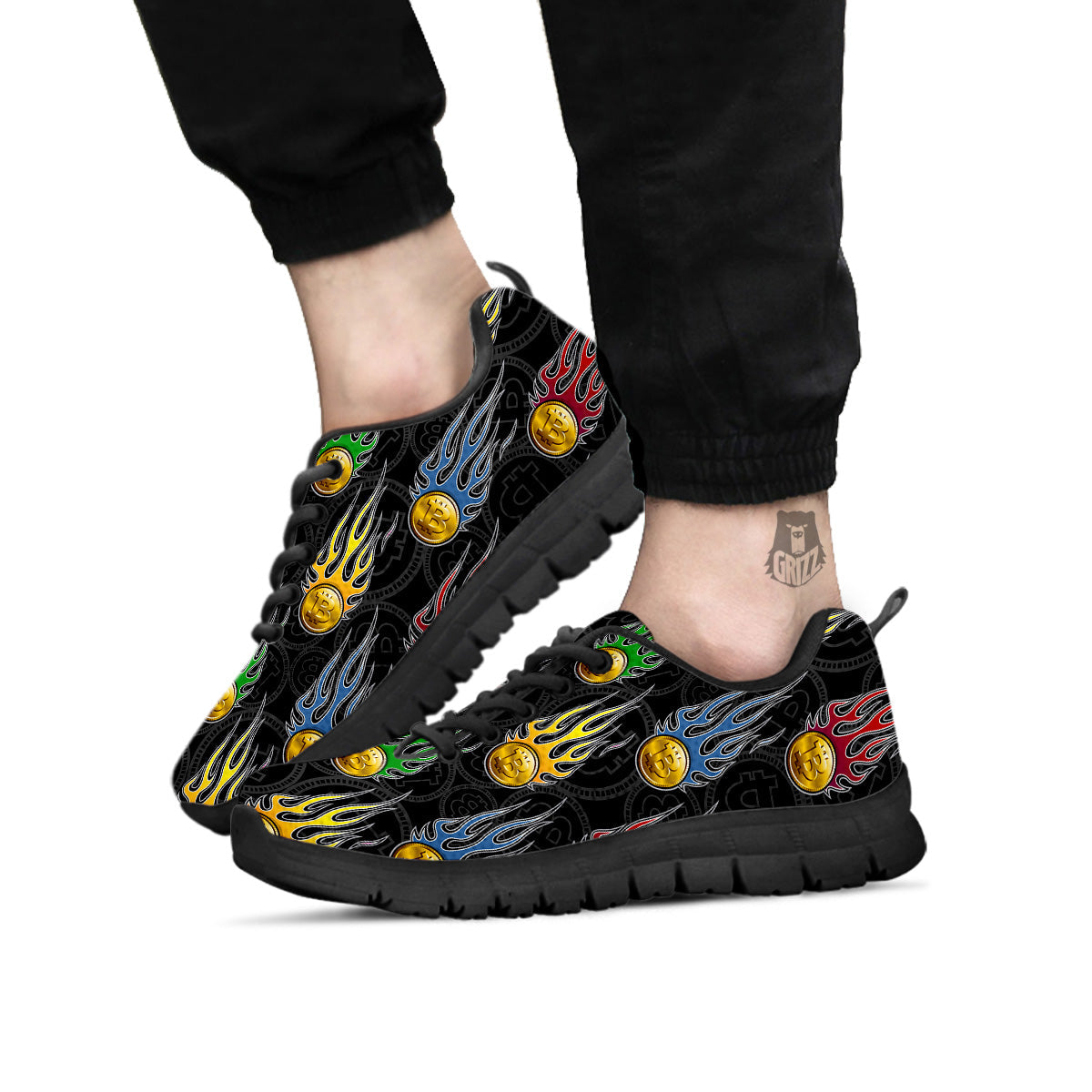 Digital Bitcoin On Fire Print Pattern Black Sneaker-grizzshop