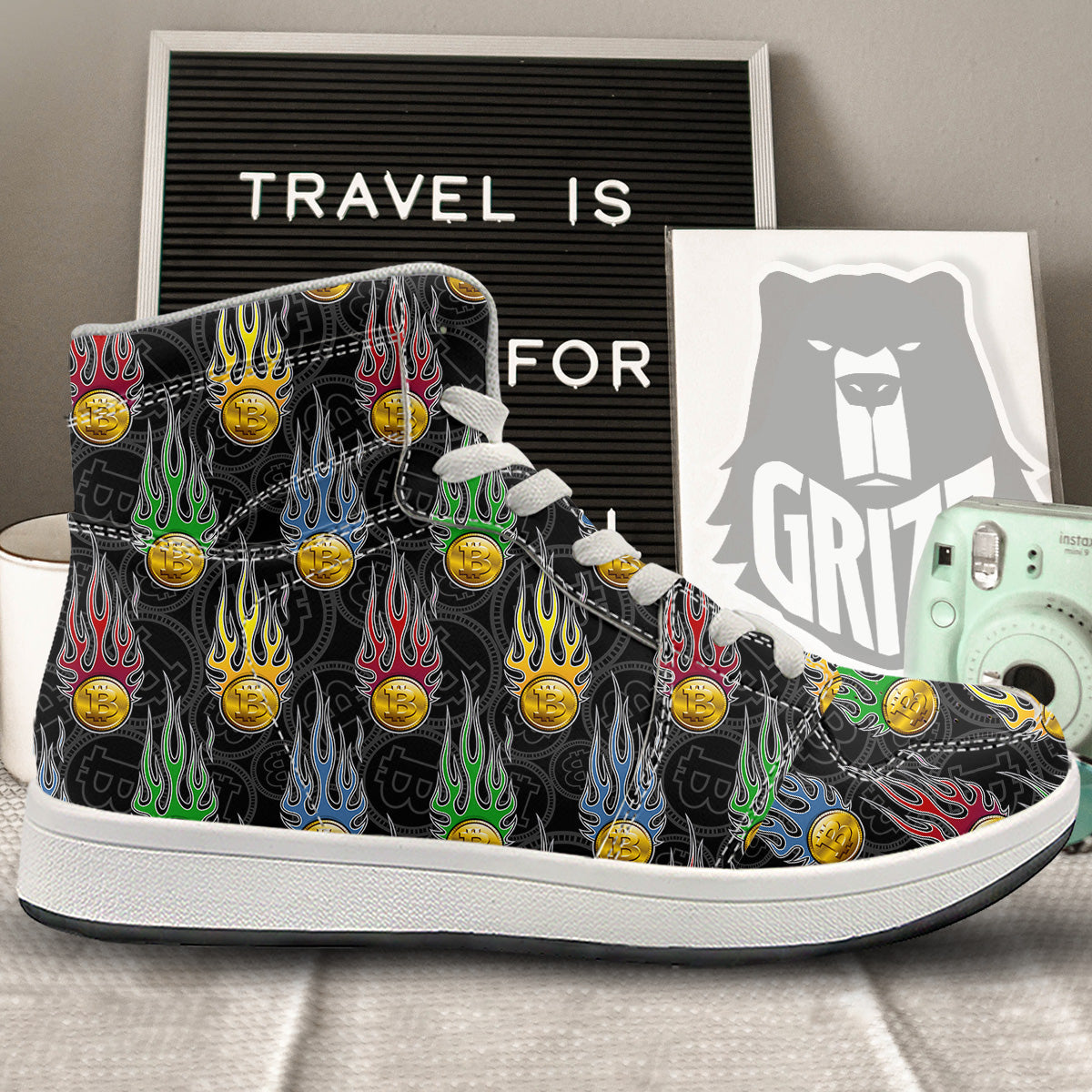 Digital Bitcoin On Fire Print Pattern High Top Sneakers-grizzshop