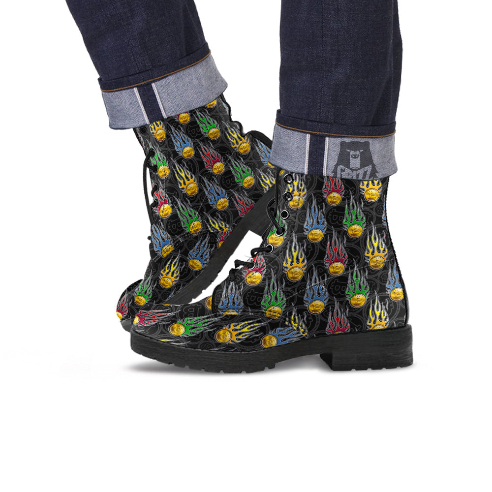 Digital Bitcoin On Fire Print Pattern Leather Boots-grizzshop