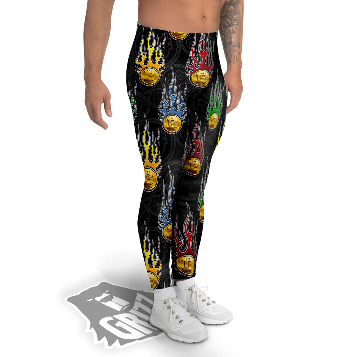 Digital Bitcoin On Fire Print Pattern Men's Leggings-grizzshop