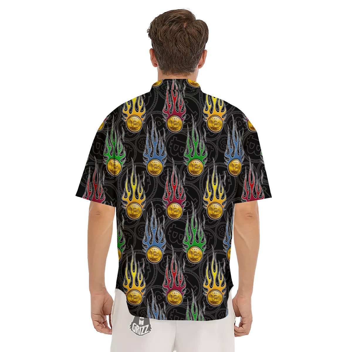 Digital Bitcoin On Fire Print Pattern Men's Short Sleeve Shirts-grizzshop