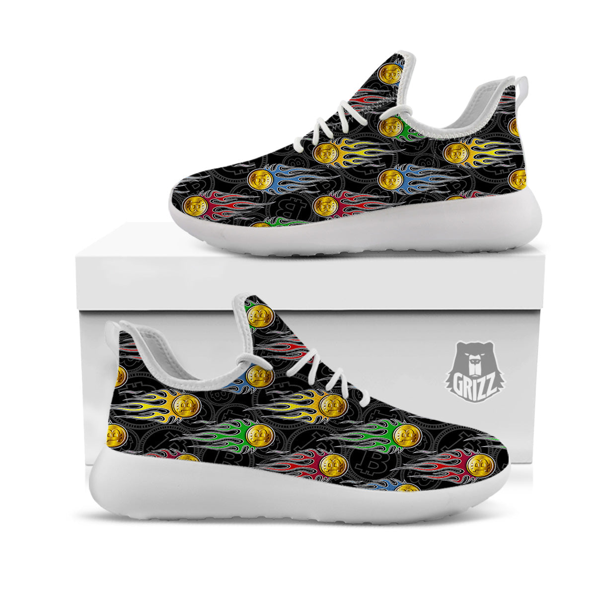 Digital Bitcoin On Fire Print Pattern White Athletic Shoes-grizzshop