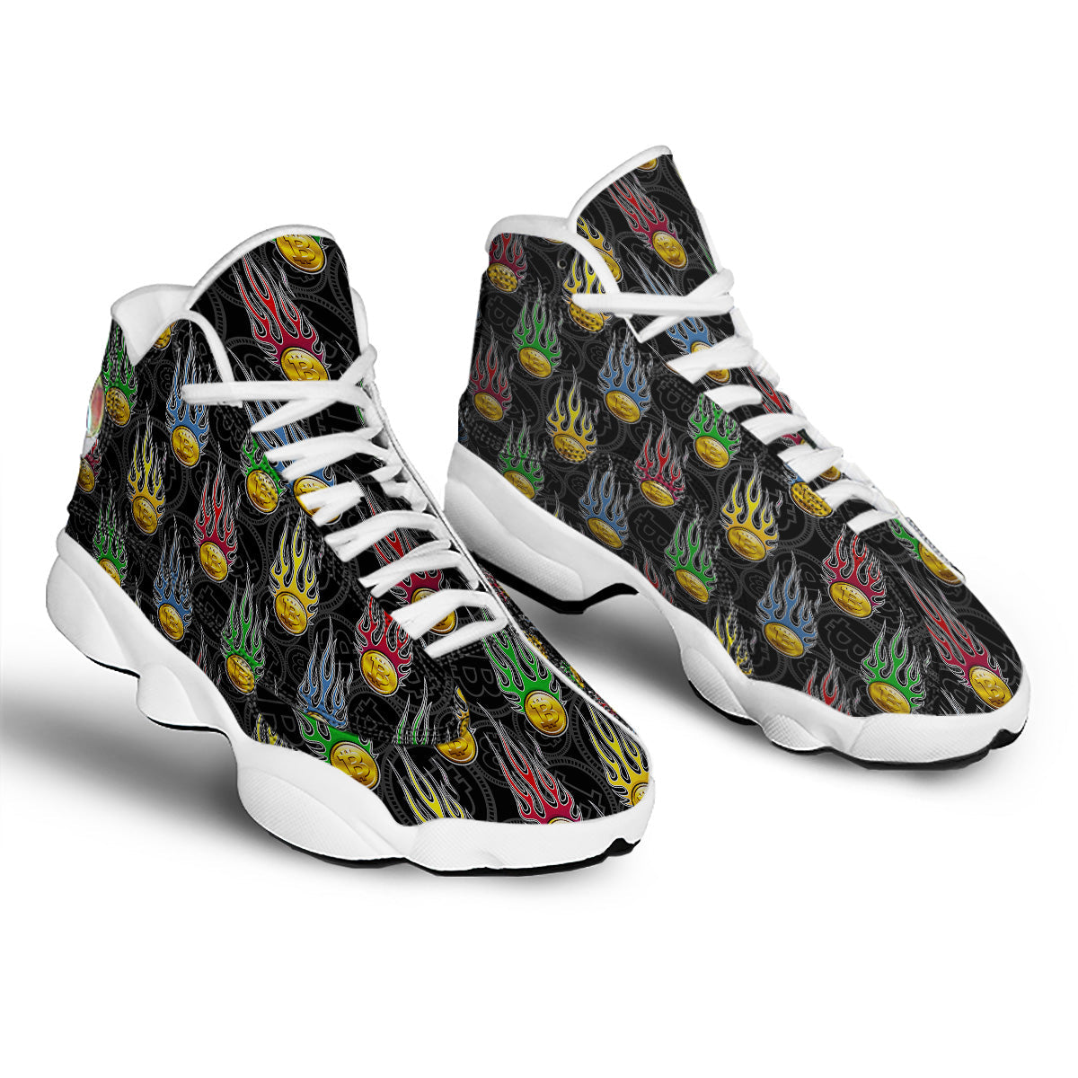 Digital Bitcoin On Fire Print Pattern White Basketball Shoes-grizzshop