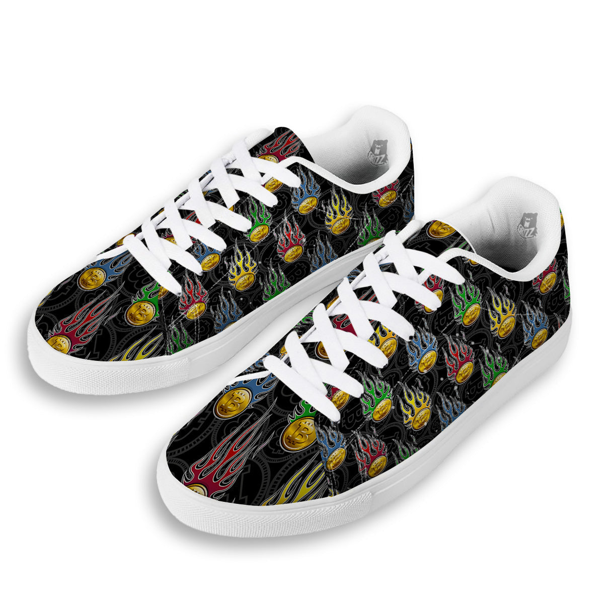 Digital Bitcoin On Fire Print Pattern White Low Top Sneakers-grizzshop
