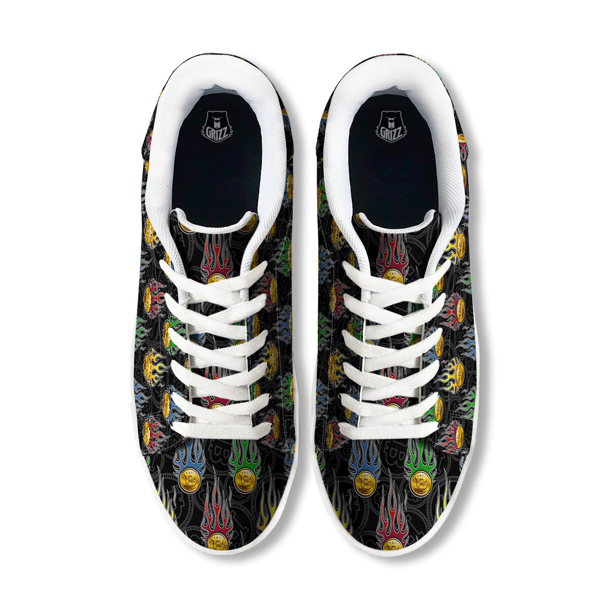Digital Bitcoin On Fire Print Pattern White Low Top Sneakers-grizzshop