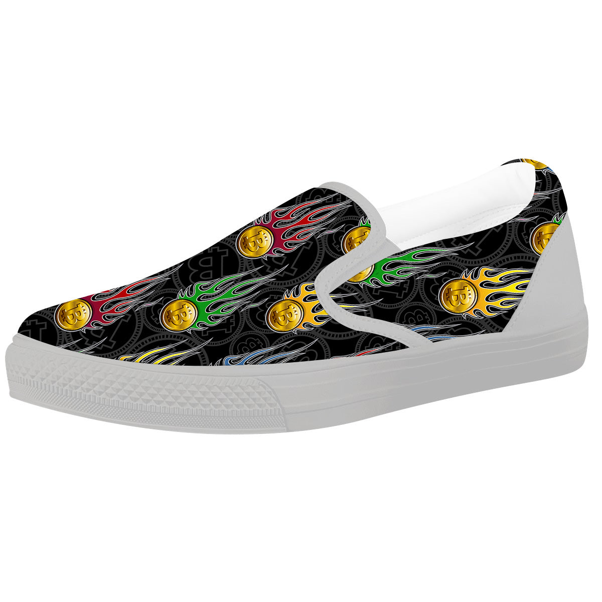 Digital Bitcoin On Fire Print Pattern White Slip On Shoes-grizzshop