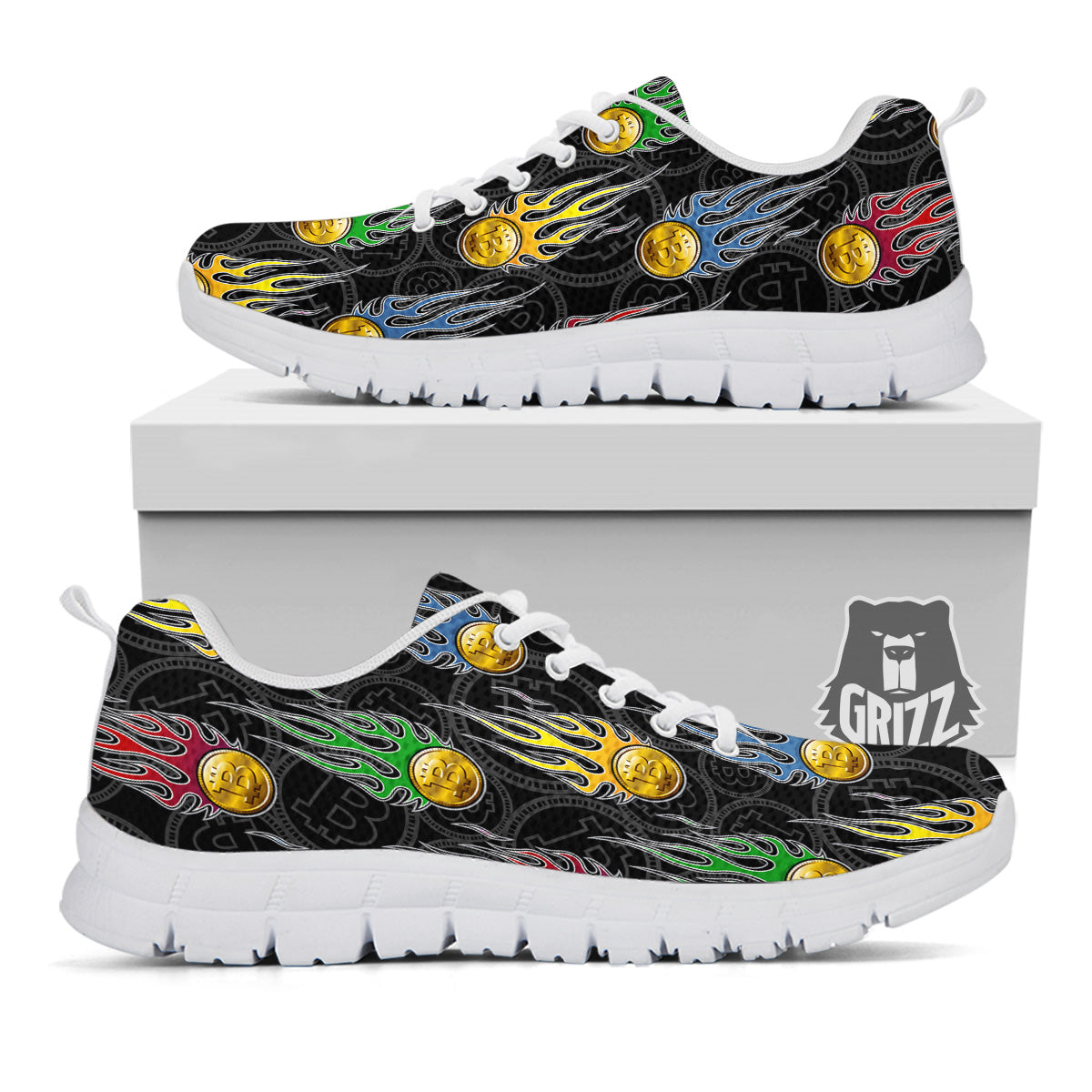 Digital Bitcoin On Fire Print Pattern White Sneaker-grizzshop