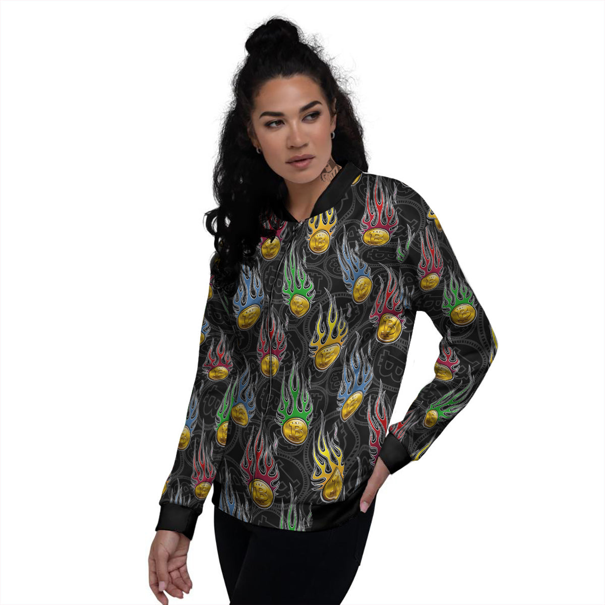 Digital Bitcoin On Fire Print Pattern Women's Bomber Jacket-grizzshop