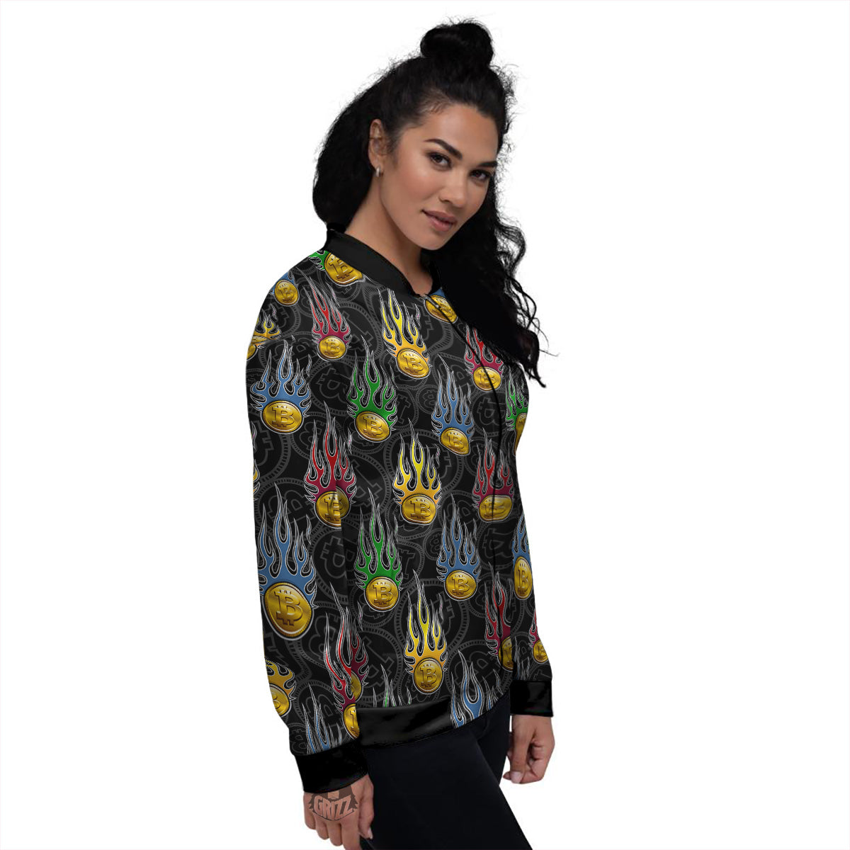 Digital Bitcoin On Fire Print Pattern Women's Bomber Jacket-grizzshop