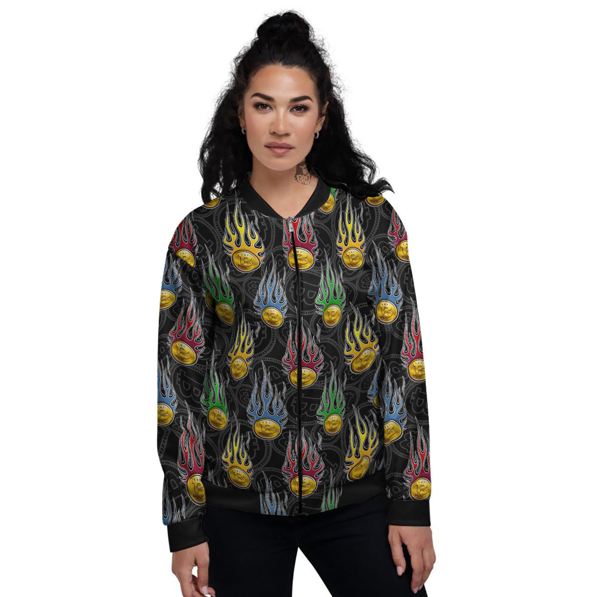 Digital Bitcoin On Fire Print Pattern Women's Bomber Jacket-grizzshop