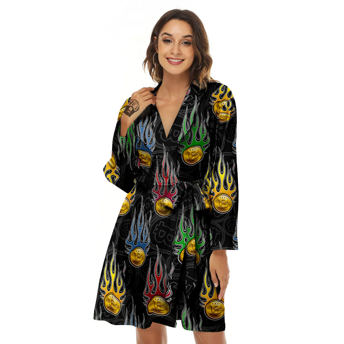Digital Bitcoin On Fire Print Pattern Women's Robe-grizzshop