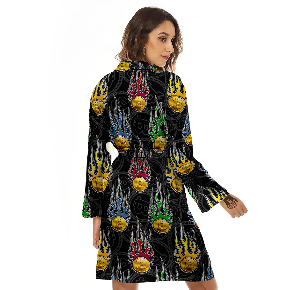 Digital Bitcoin On Fire Print Pattern Women's Robe-grizzshop