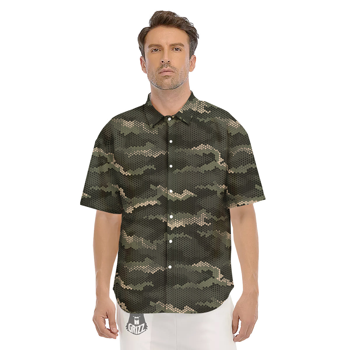 Digital Camo Army Green Print Pattern Men's Short Sleeve Shirts-grizzshop