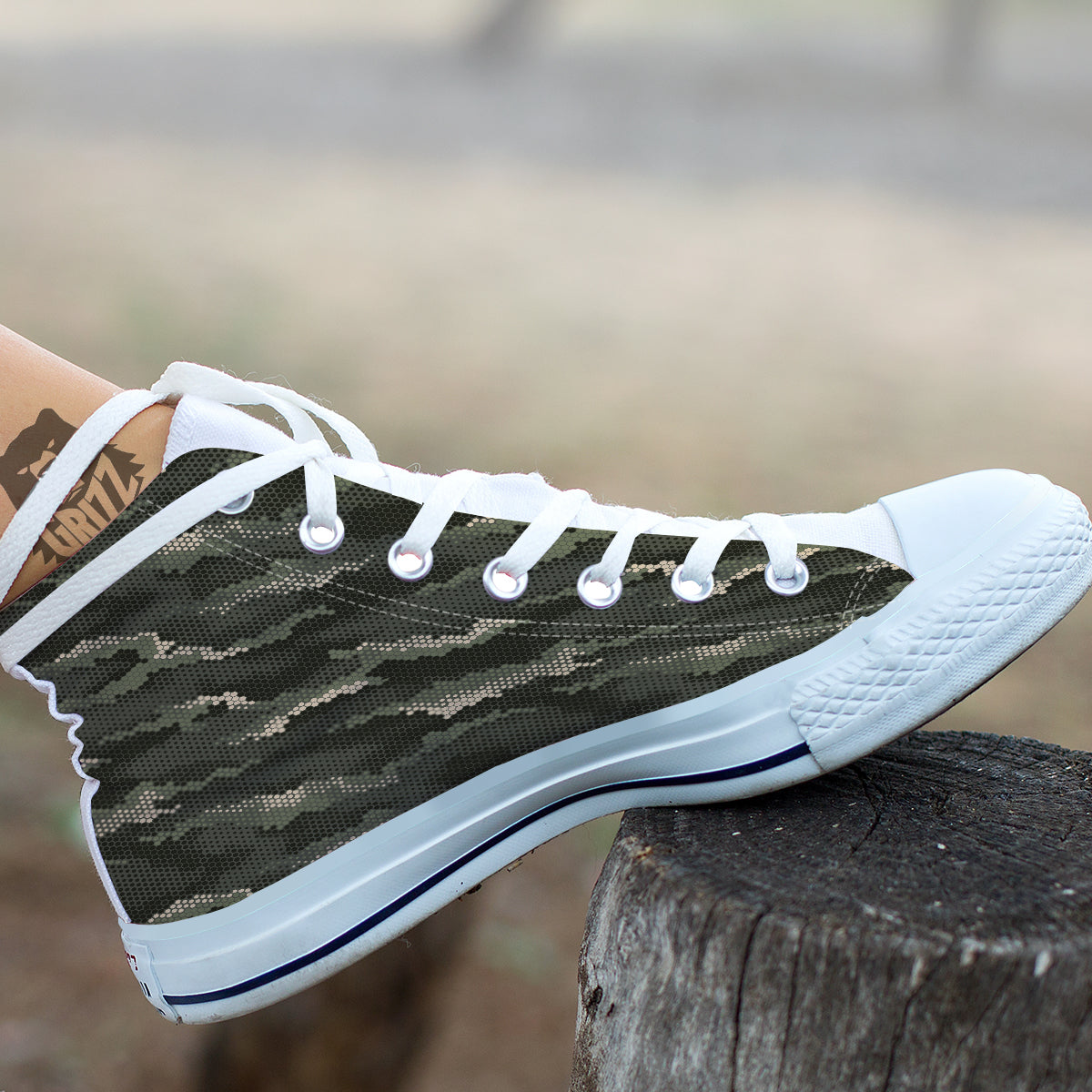 Digital Camo Army Green Print Pattern White High Top Shoes-grizzshop