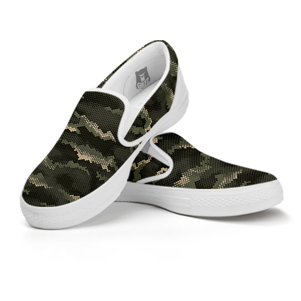 Digital Camo Army Green Print Pattern White Slip On Shoes-grizzshop