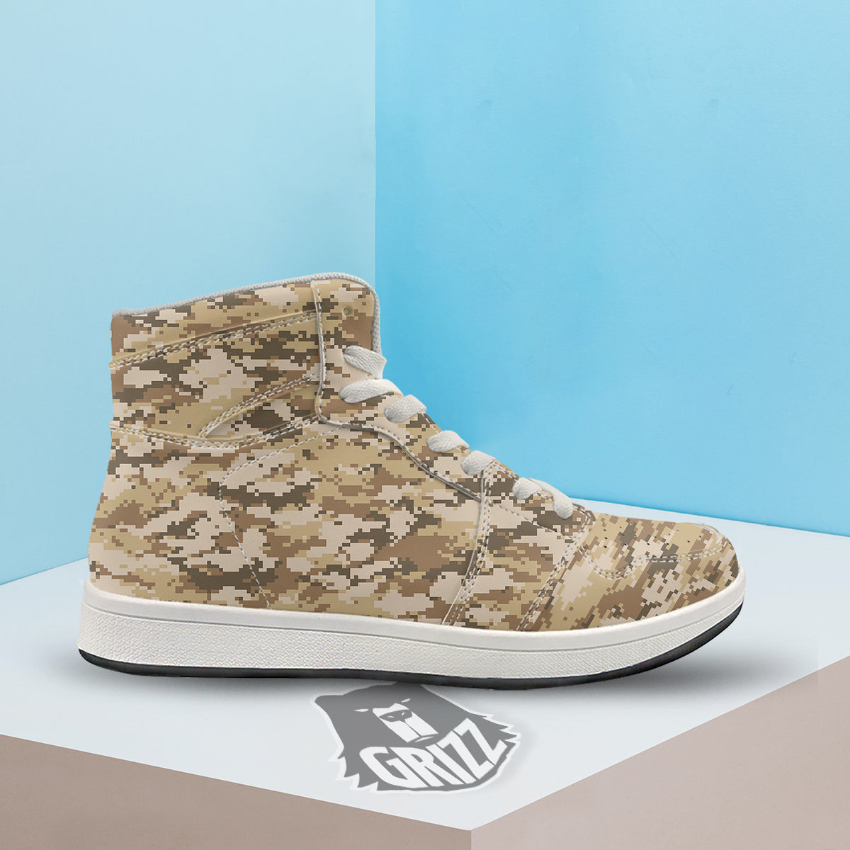 Digital Camo Beige Print Pattern High Top Sneakers-grizzshop