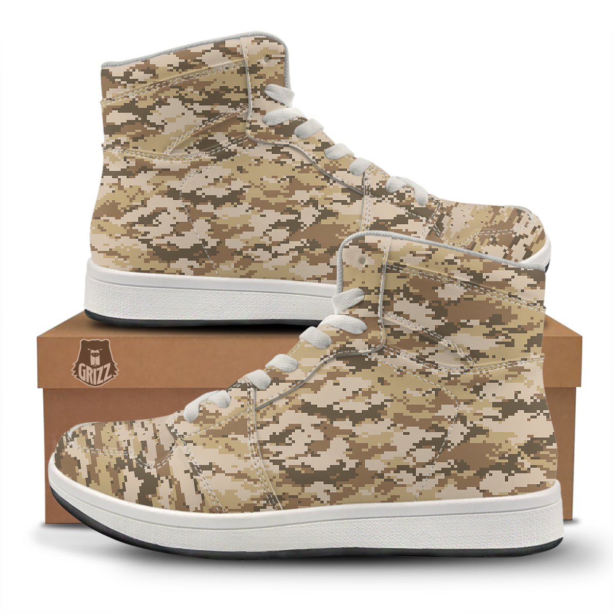 Digital Camo Beige Print Pattern High Top Sneakers-grizzshop