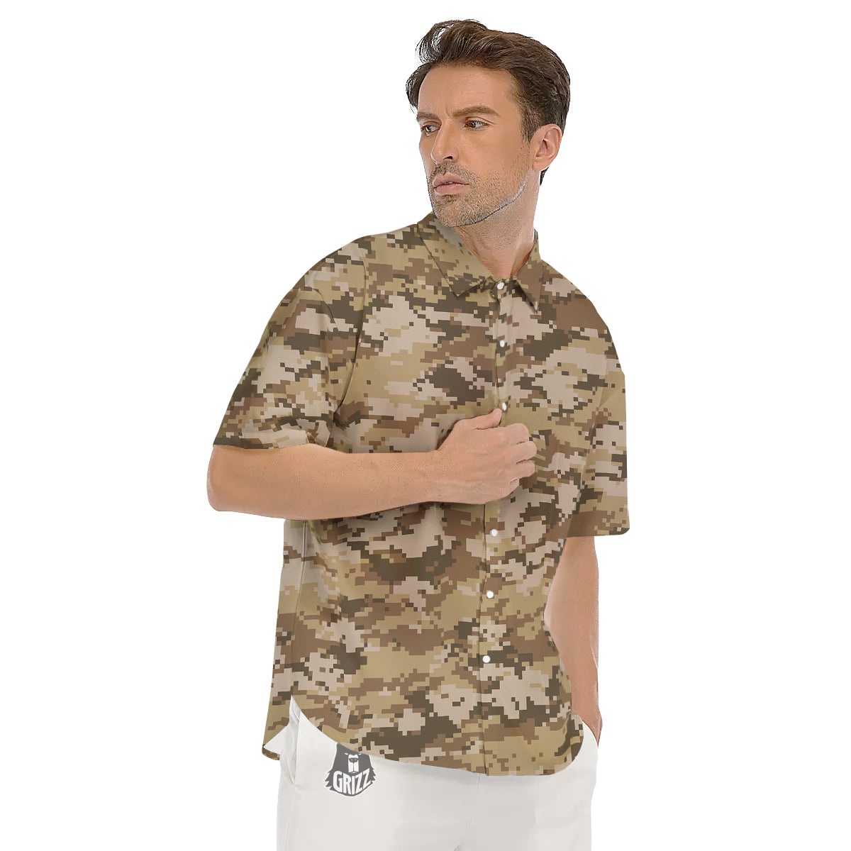 Digital Camo Beige Print Pattern Men's Short Sleeve Shirts-grizzshop