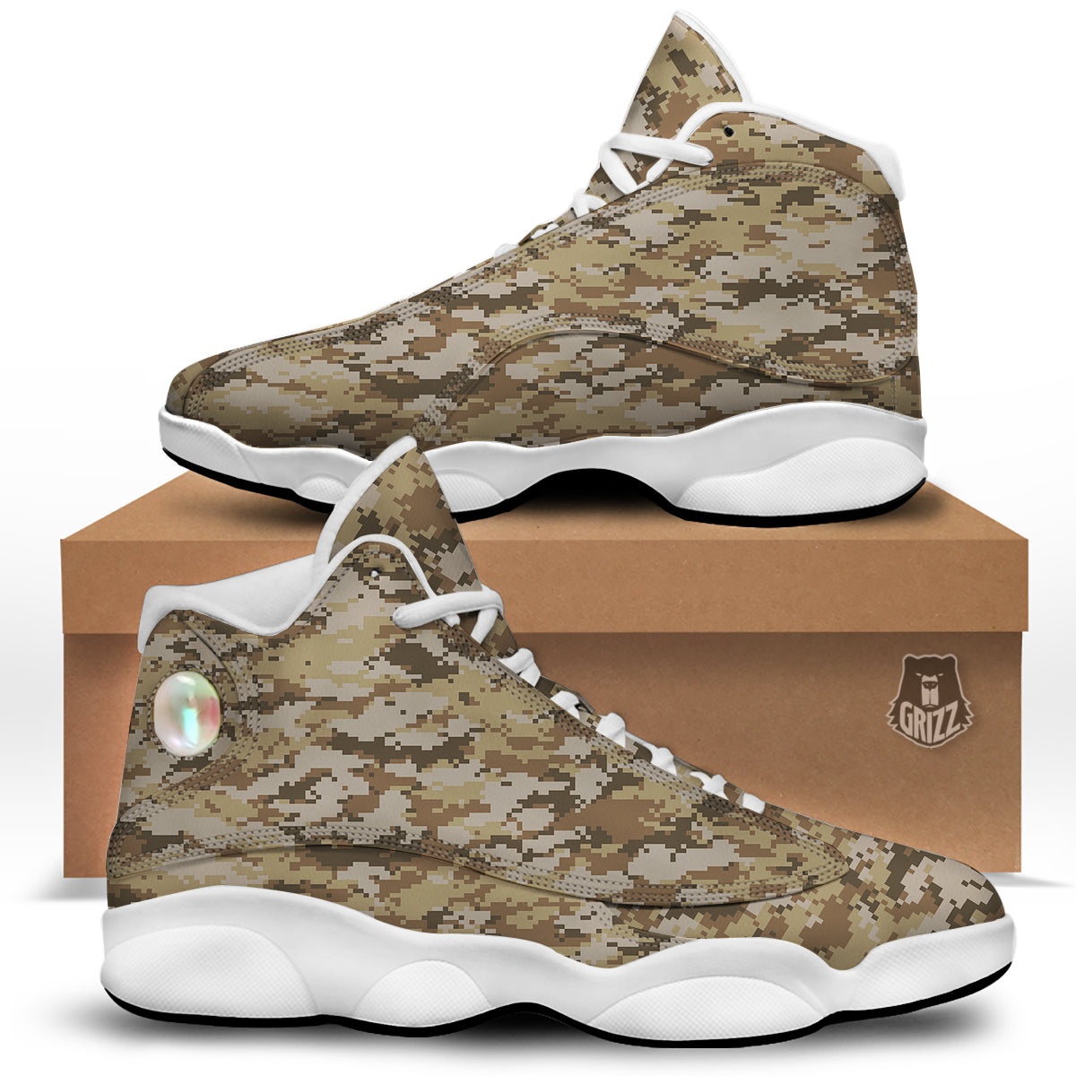 Digital Camo Beige Print Pattern White Basketball Shoes-grizzshop