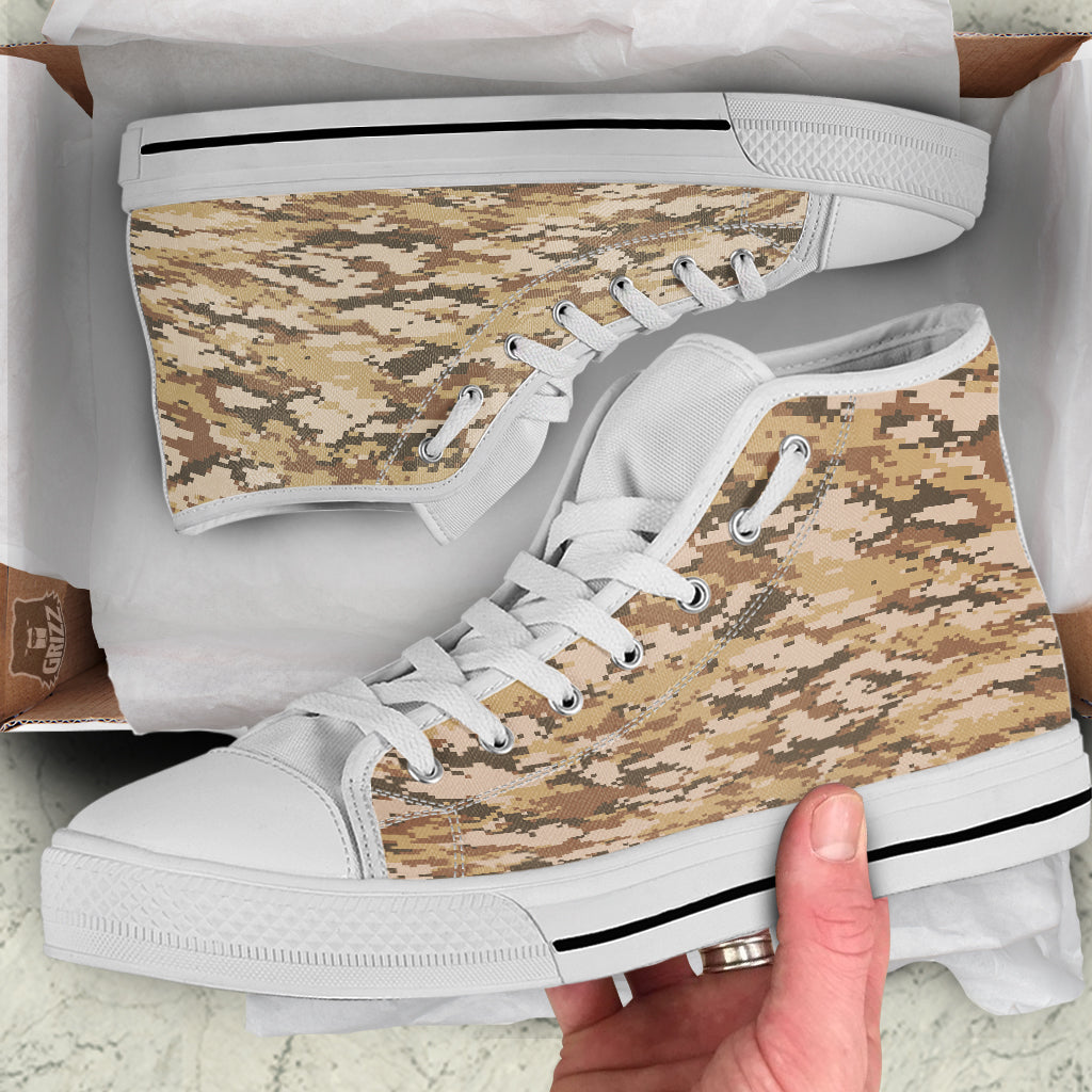 Digital Camo Beige Print Pattern White High Top Shoes-grizzshop
