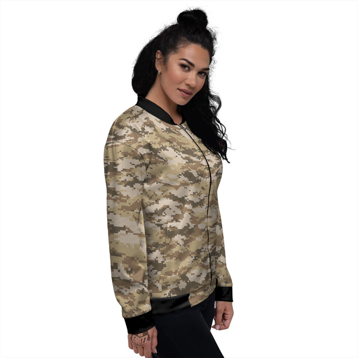 Digital Camo Beige Print Pattern Women's Bomber Jacket-grizzshop