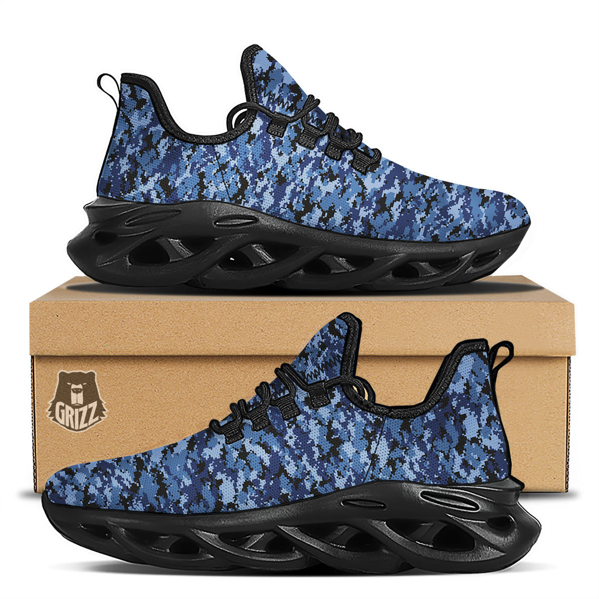 Digital Camo Black And Blue Print Black Running Shoes-grizzshop