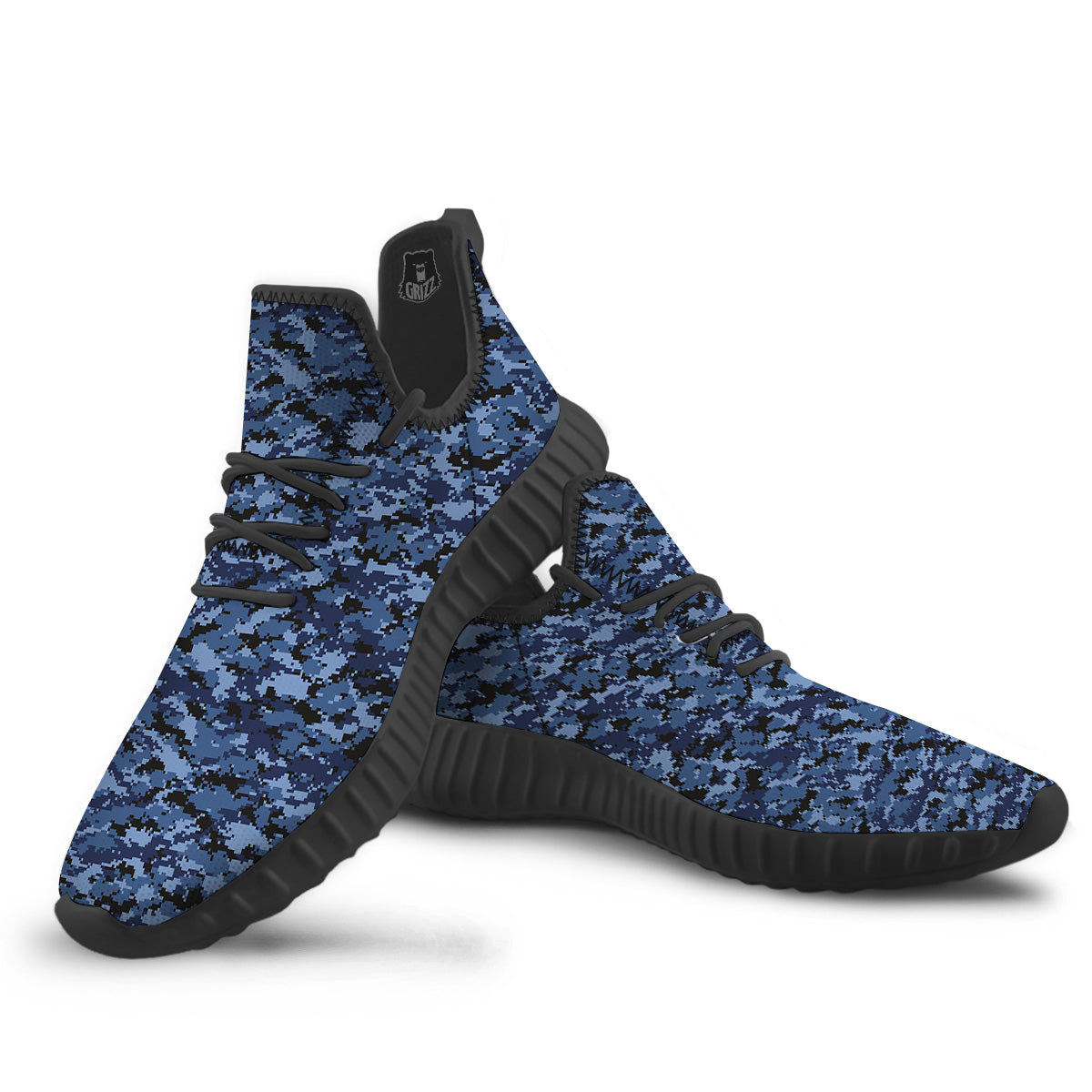 Digital Camo Black And Blue Print Black Walking Shoes-grizzshop