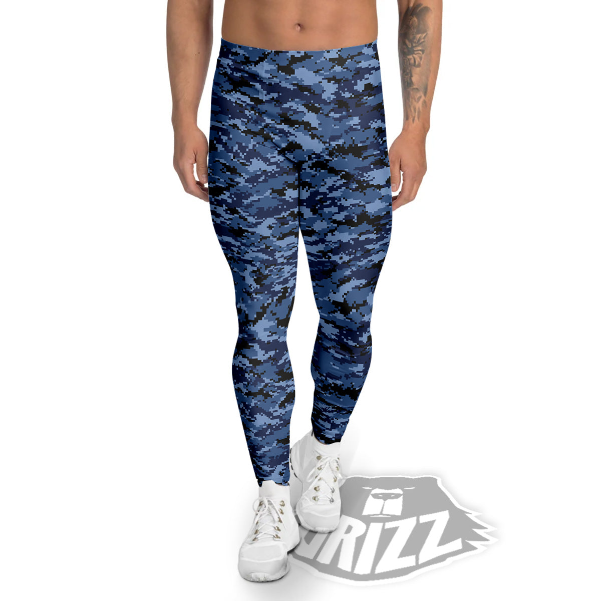 Digital Camo Black And Blue Print Men's Leggings-grizzshop