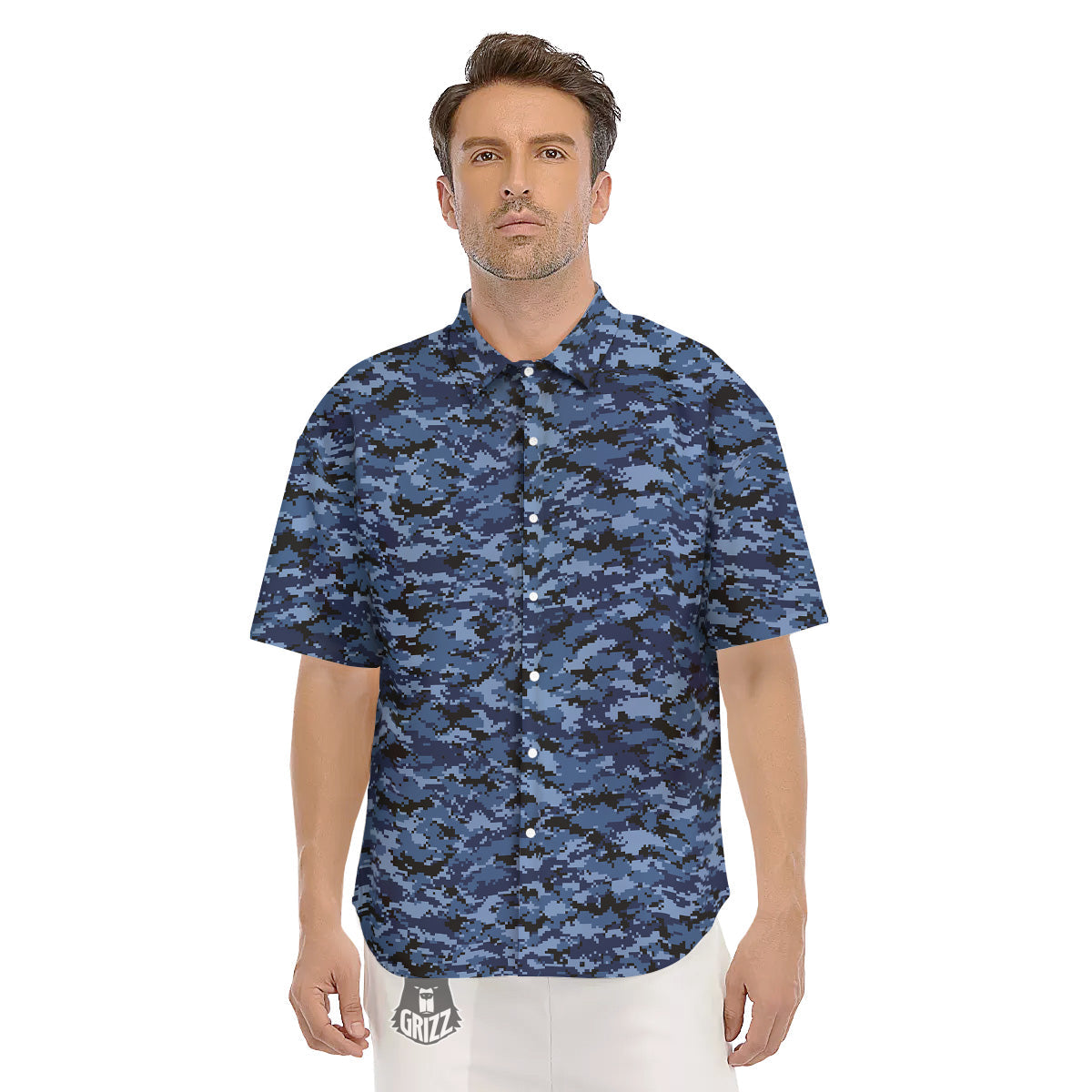 Digital Camo Black And Blue Print Men's Short Sleeve Shirts-grizzshop