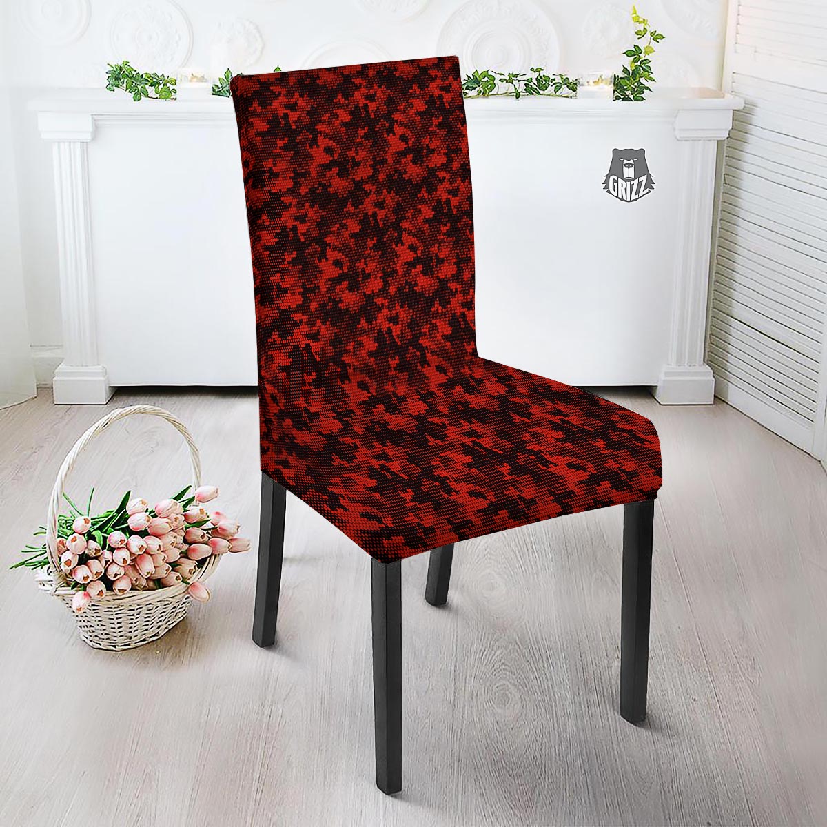 Digital Camo Black And Red Print Pattern Dining Chair Slipcover-grizzshop