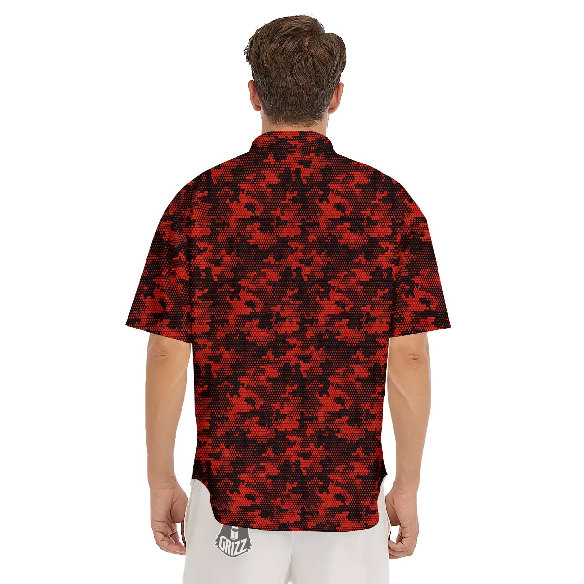 Digital Camo Black And Red Print Pattern Men's Short Sleeve Shirts-grizzshop