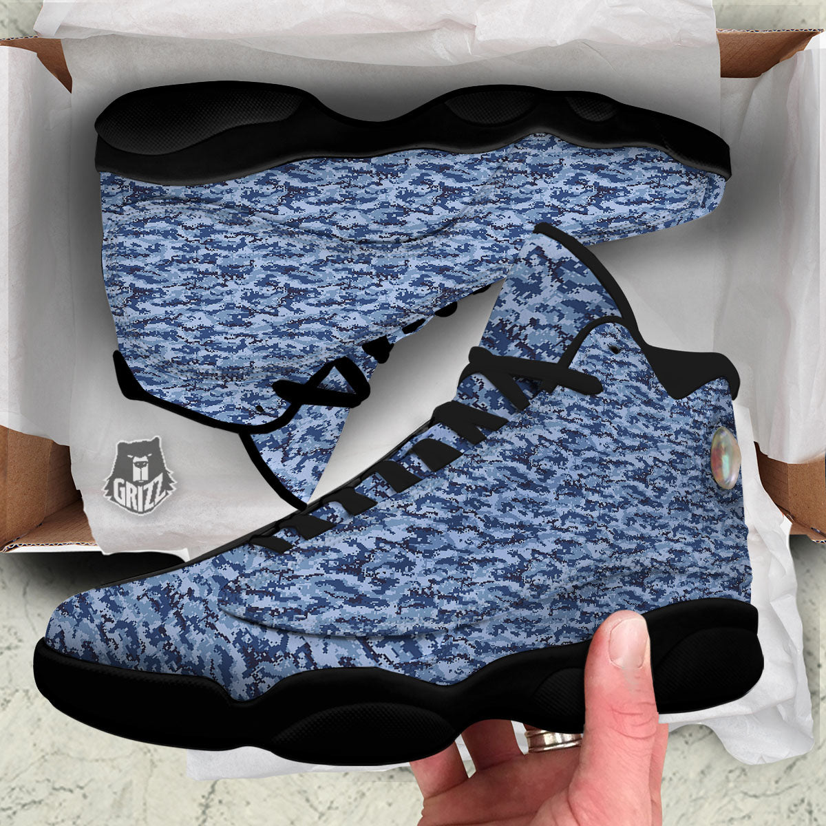 Digital Camo Blue Print Pattern Black Basketball Shoes-grizzshop