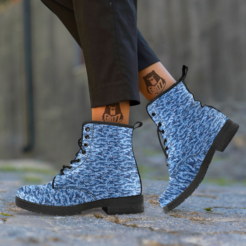 Digital Camo Blue Print Pattern Leather Boots-grizzshop