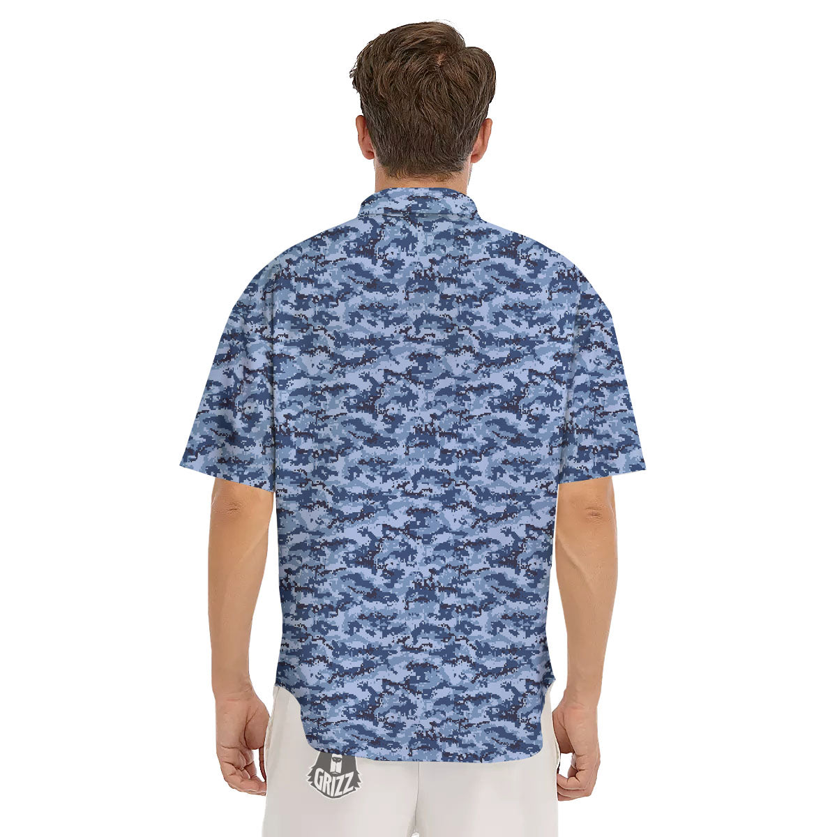 Digital Camo Blue Print Pattern Men's Short Sleeve Shirts-grizzshop