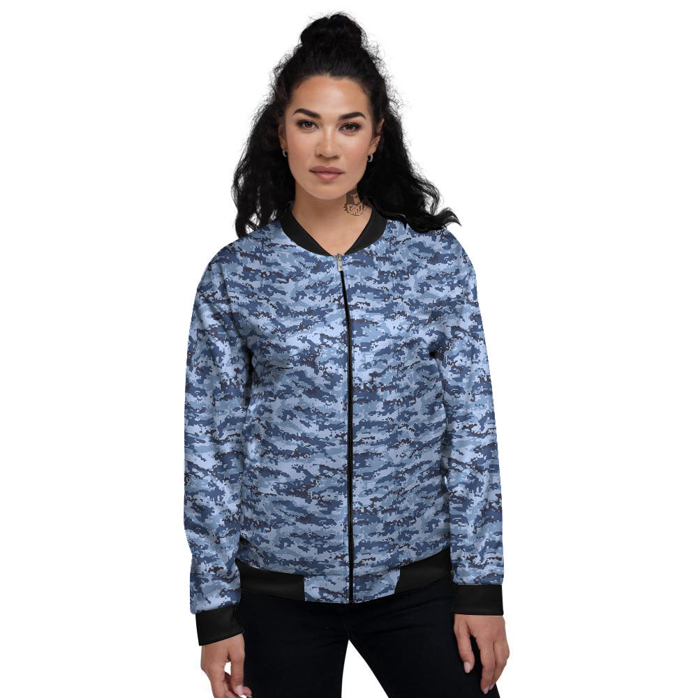 Digital Camo Blue Print Pattern Women's Bomber Jacket-grizzshop