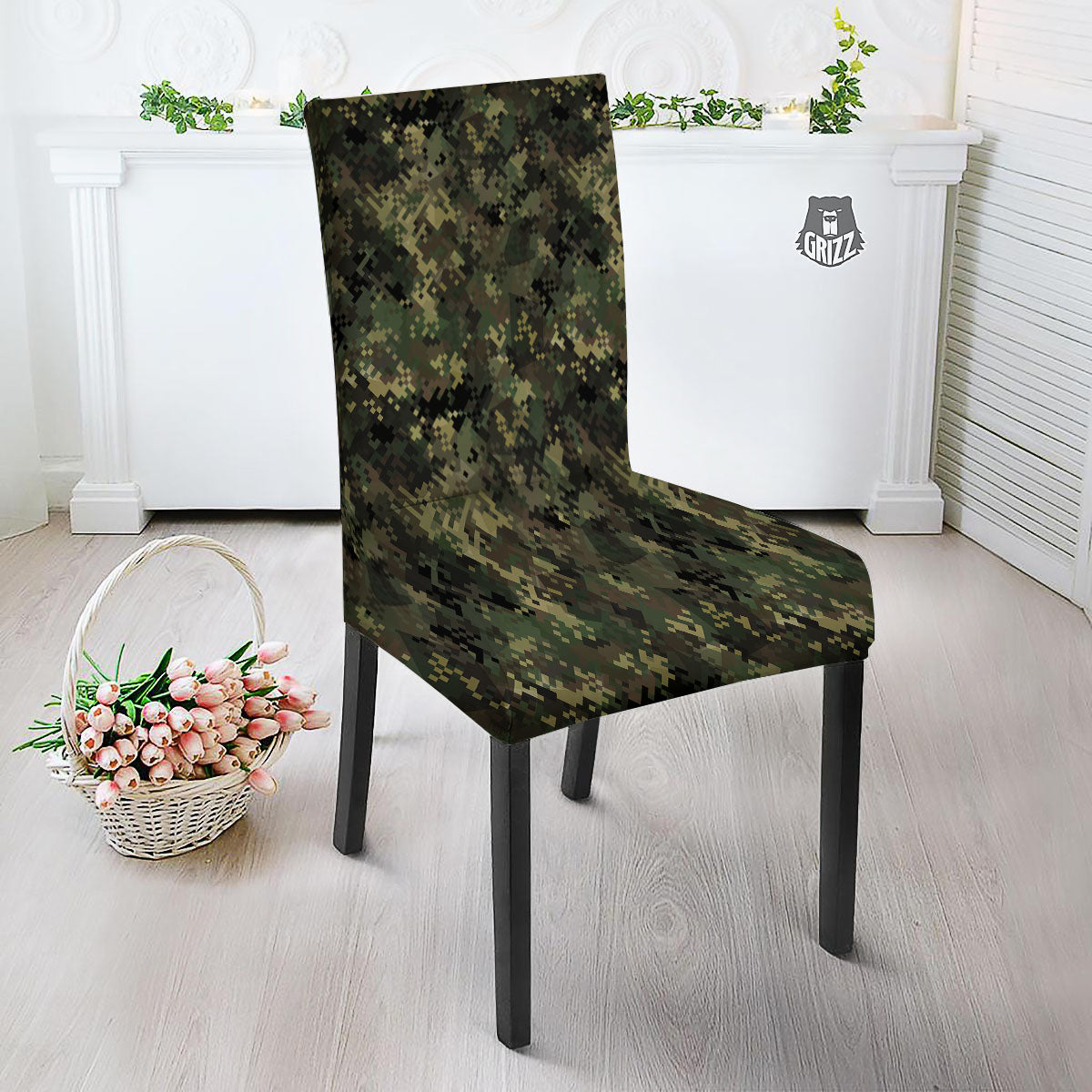 Digital Camo Forest Green Print Pattern Dining Chair Slipcover-grizzshop