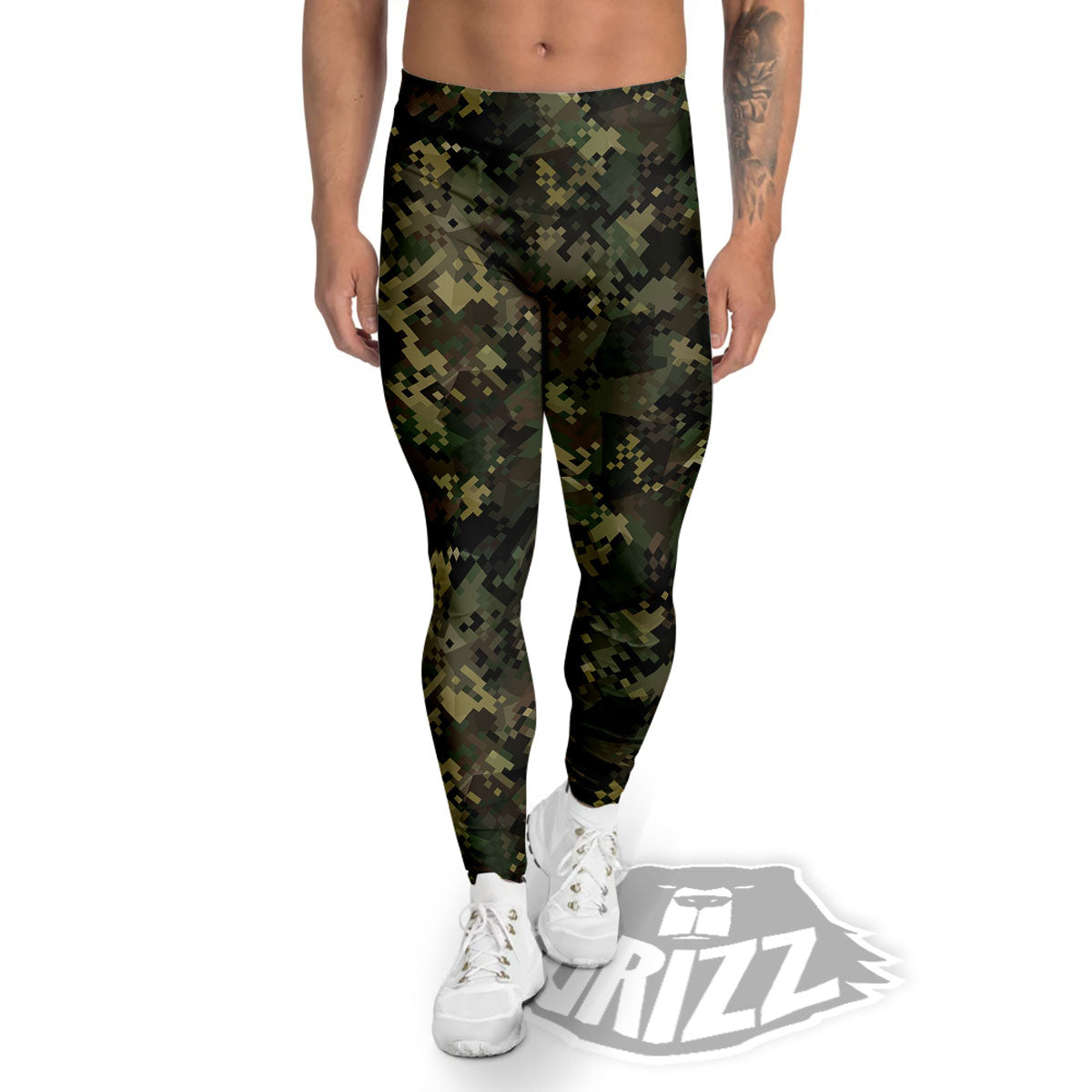 Digital Camo Forest Green Print Pattern Men's Leggings-grizzshop