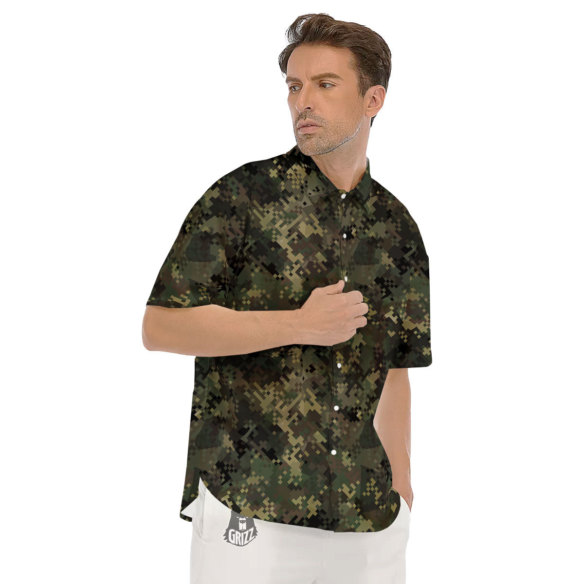 Digital Camo Forest Green Print Pattern Men's Short Sleeve Shirts-grizzshop