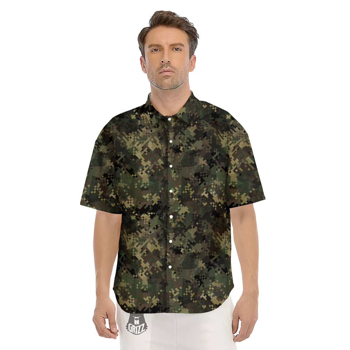 Digital Camo Forest Green Print Pattern Men's Short Sleeve Shirts-grizzshop