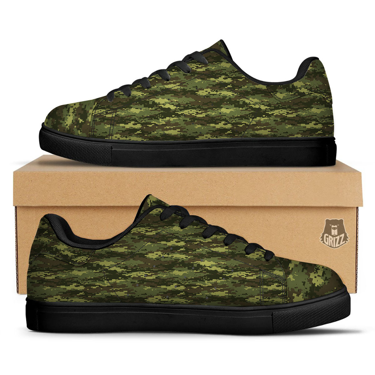 Digital Camo Green Print Pattern Black Low Top Sneakers-grizzshop