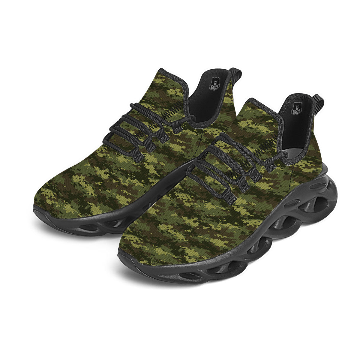 Digital Camo Green Print Pattern Black Running Shoes-grizzshop