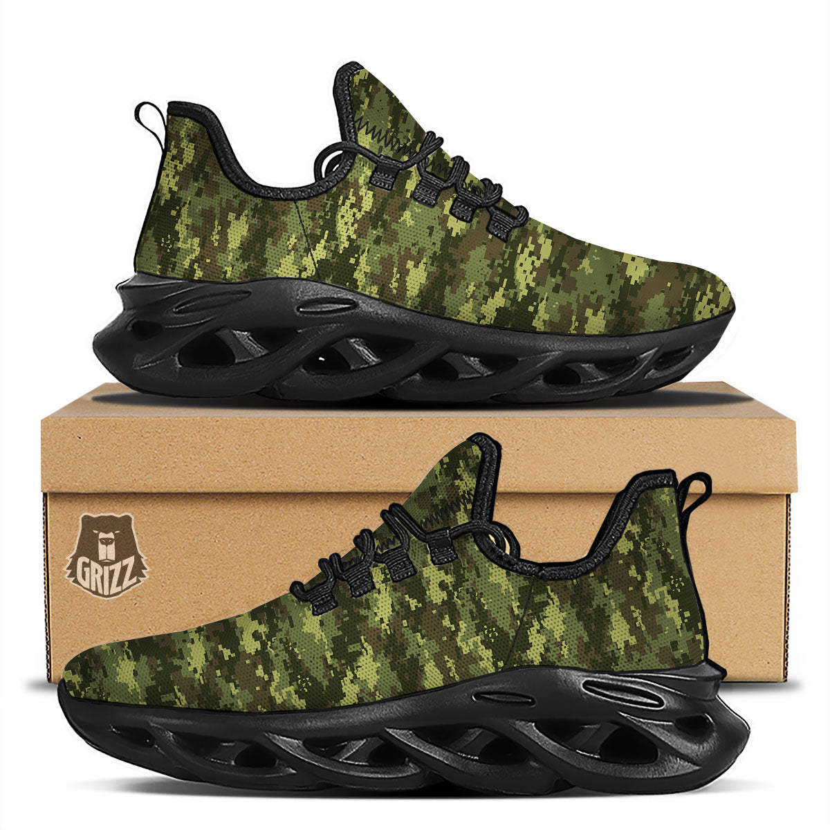 Digital Camo Green Print Pattern Black Running Shoes-grizzshop