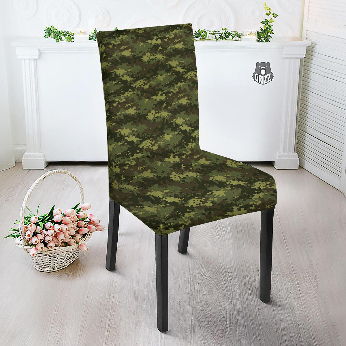 Digital Camo Green Print Pattern Dining Chair Slipcover-grizzshop