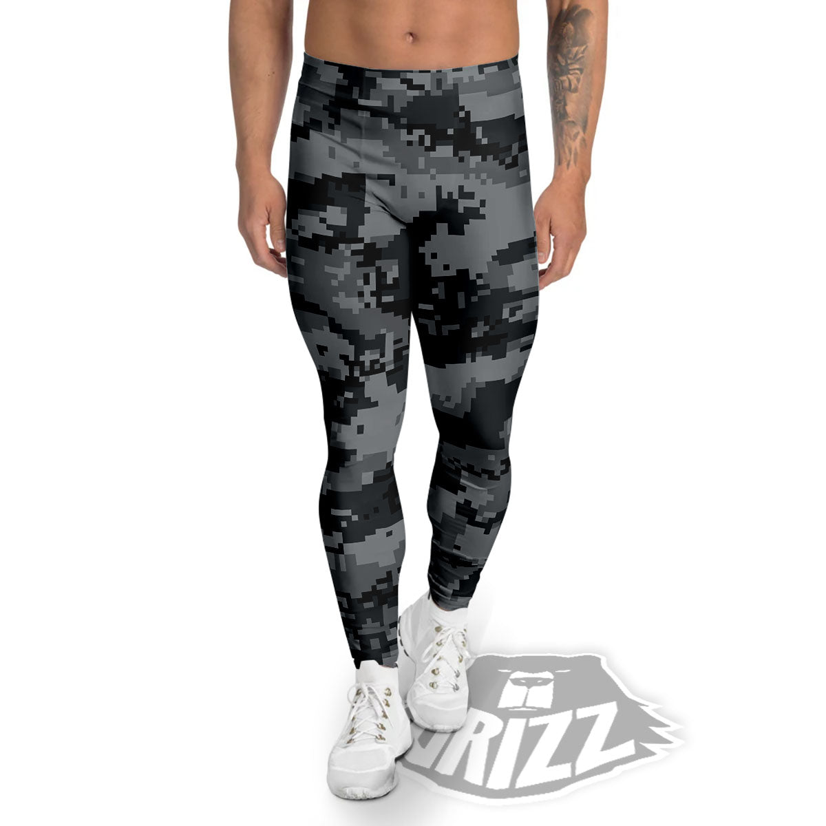 Digital Camo Grey And Black Print Men's Leggings-grizzshop