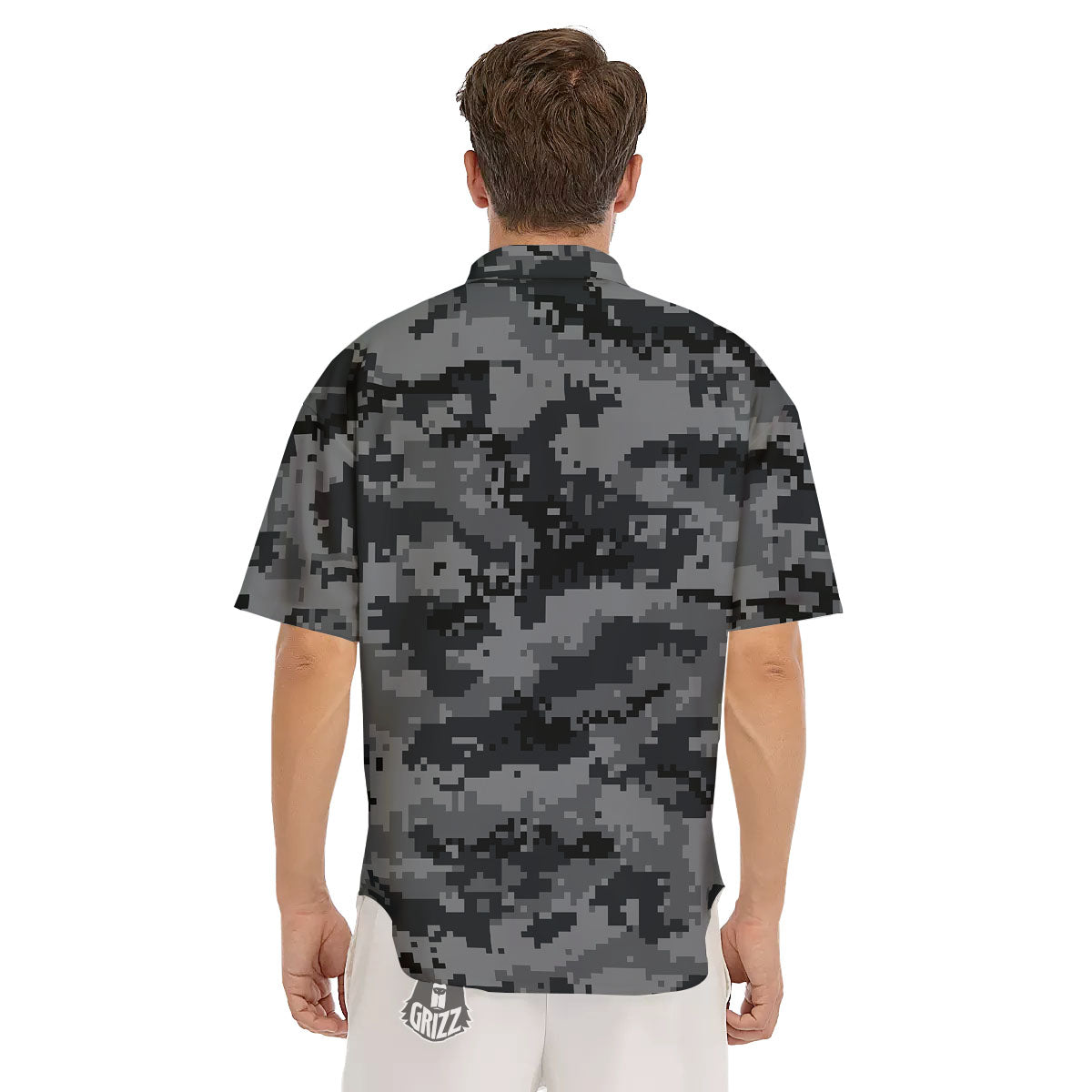 Digital Camo Grey And Black Print Men's Short Sleeve Shirts-grizzshop