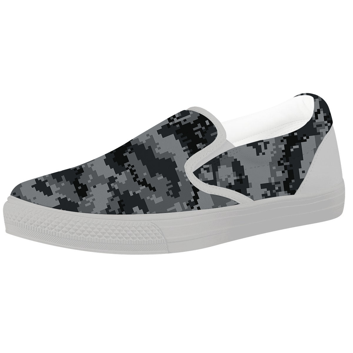 Digital Camo Grey And Black Print White Slip On Shoes-grizzshop