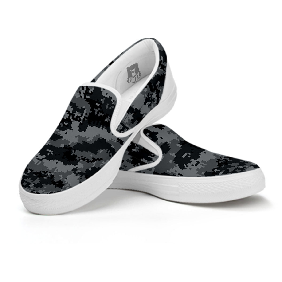 Digital Camo Grey And Black Print White Slip On Shoes-grizzshop